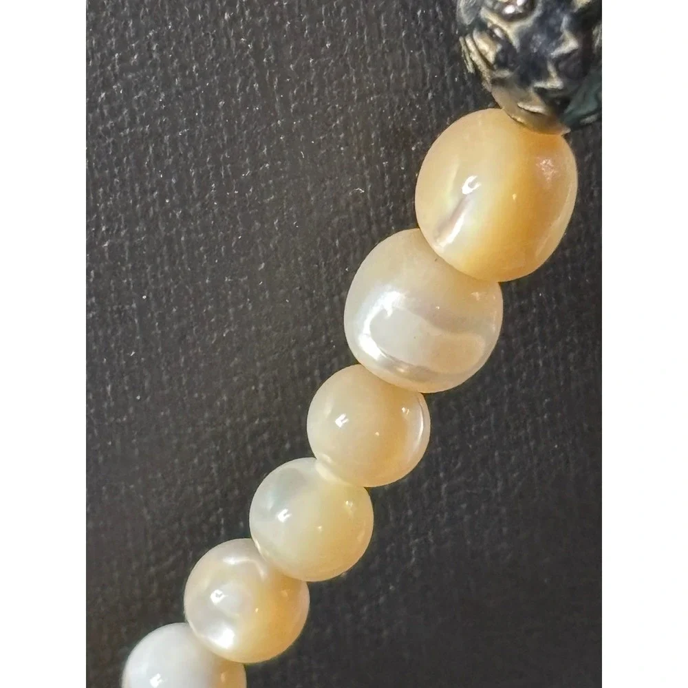 Vintage Boho Carved Geometric Bead‎ & Shell Strand Necklace Cream Black Tan
